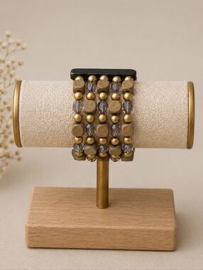 Chunky Multi-Band Beaded Bracelet Gold Black Wood Boho Statement Earth Core Boho